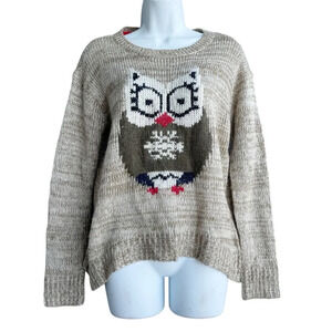 Jolt Beige Owl Face Knit Sweater Women's S Long Sleeve Crew-neck Beige Pullover